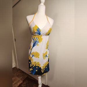 Vintage 70s Print Psychadelic Floral Halter Dress Yellow Blue Flowers Medium